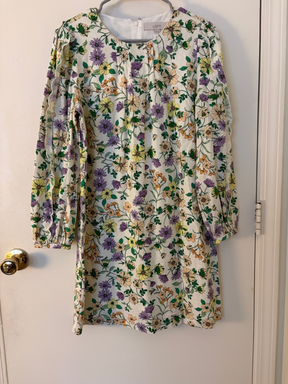 LOFT White Floral Long Sleeve Shift Dress with Purple & Yellow Blooms
